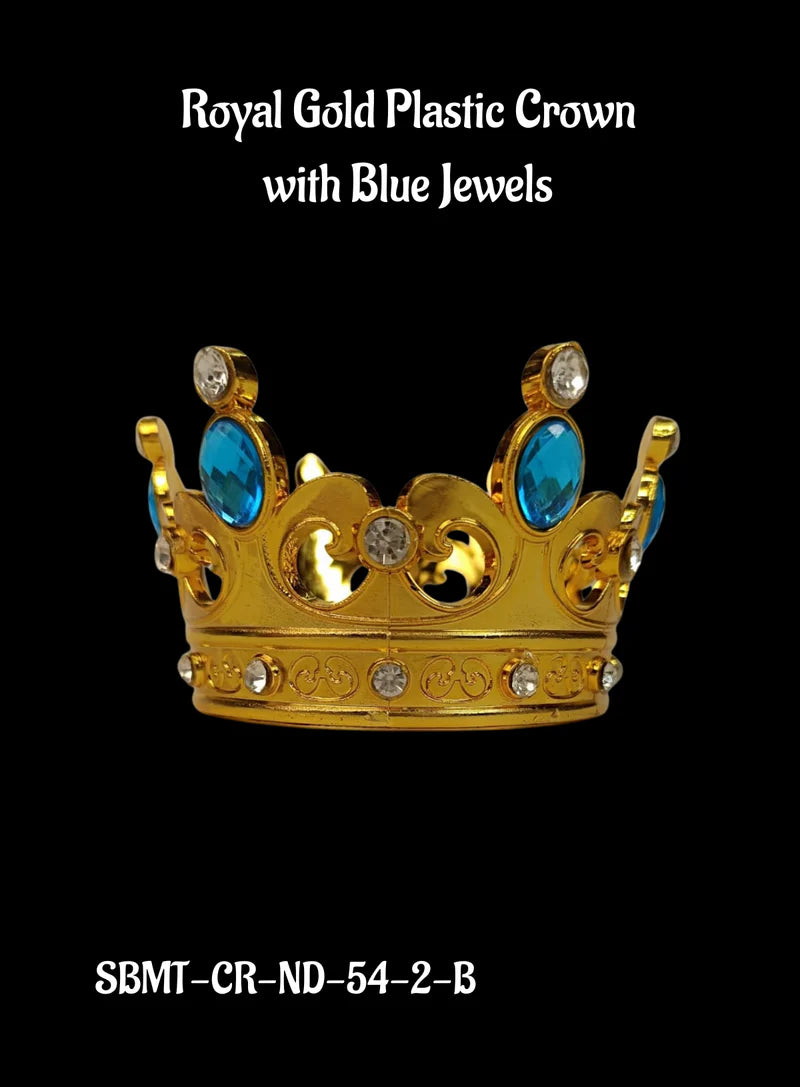 Royal Gold Plastic Crown with Blue Jewels Cake Topper ( SBMT-CR-ND-54-2-B) (MOQ 12 PCS) (OD)