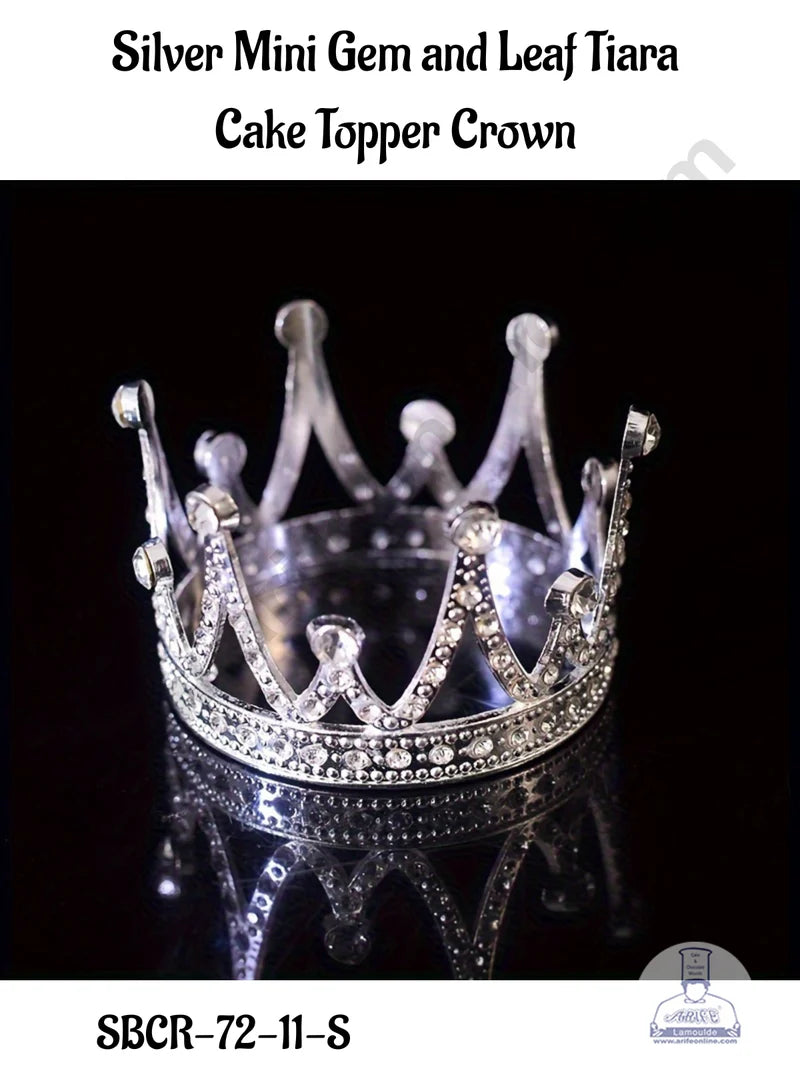 Silver Mini Gem and Leaf Tiara Cake Topper Crown - SBCR-72-11-S (MOQ 12 PCS) (LD)