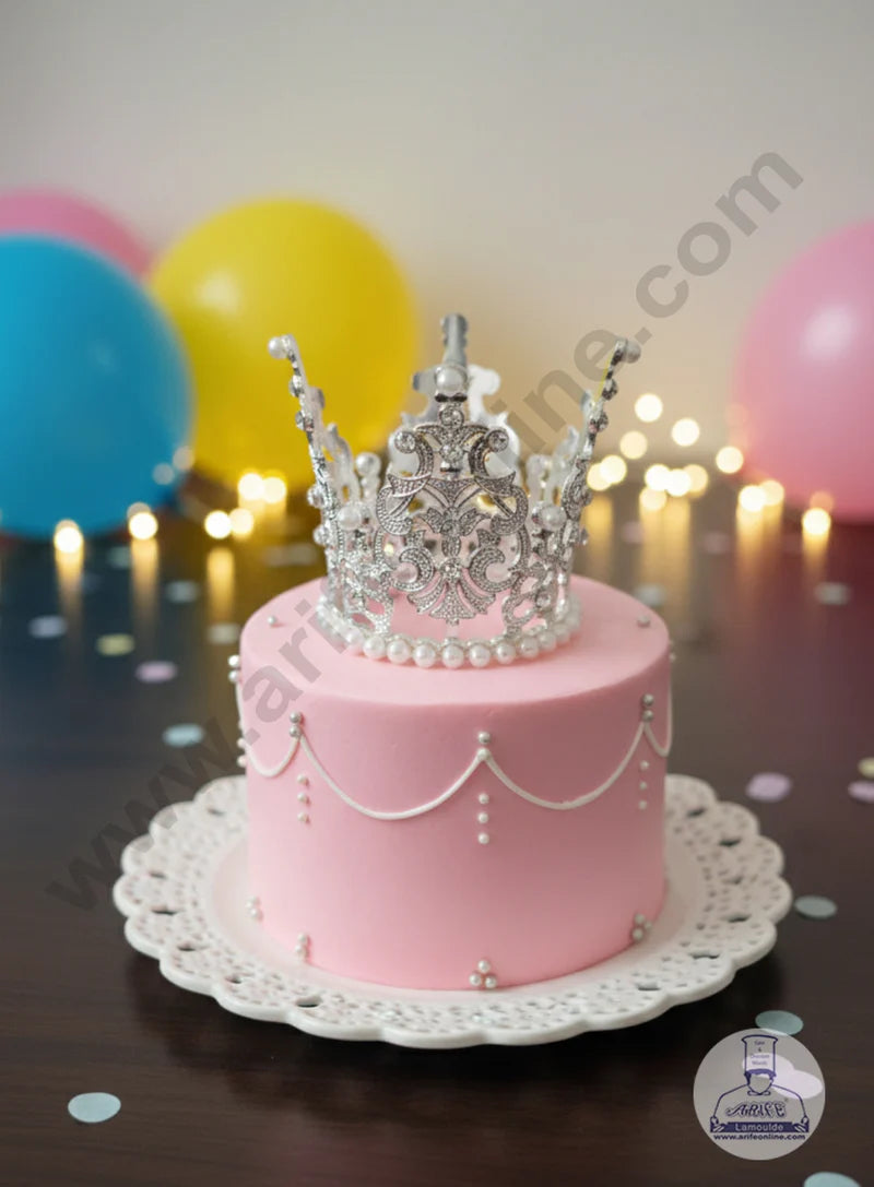 Silver Mini White Pearl Filigree Cake Topper Crown - SBCR-72-10 (small)-S (MOQ 12 PCS) (OE)