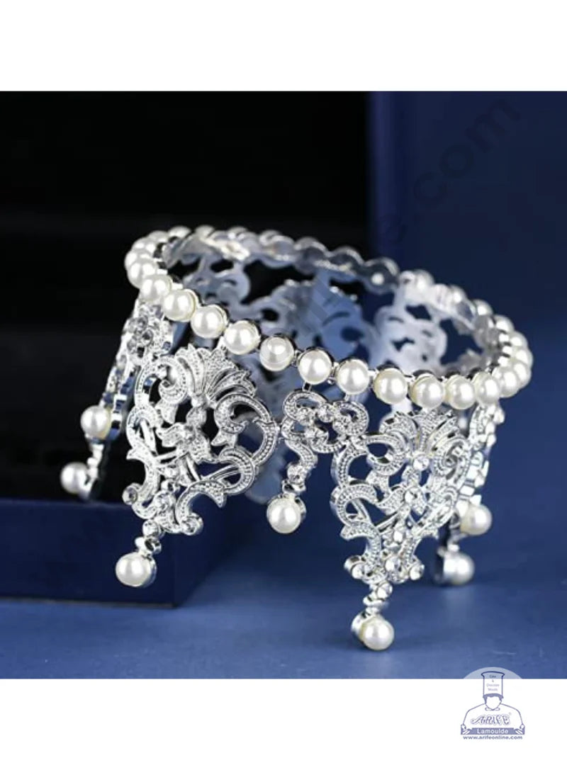 Silver Mini White Pearl Filigree Cake Topper Crown - SBCR-72-10 (small)-S (MOQ 12 PCS) (OE)