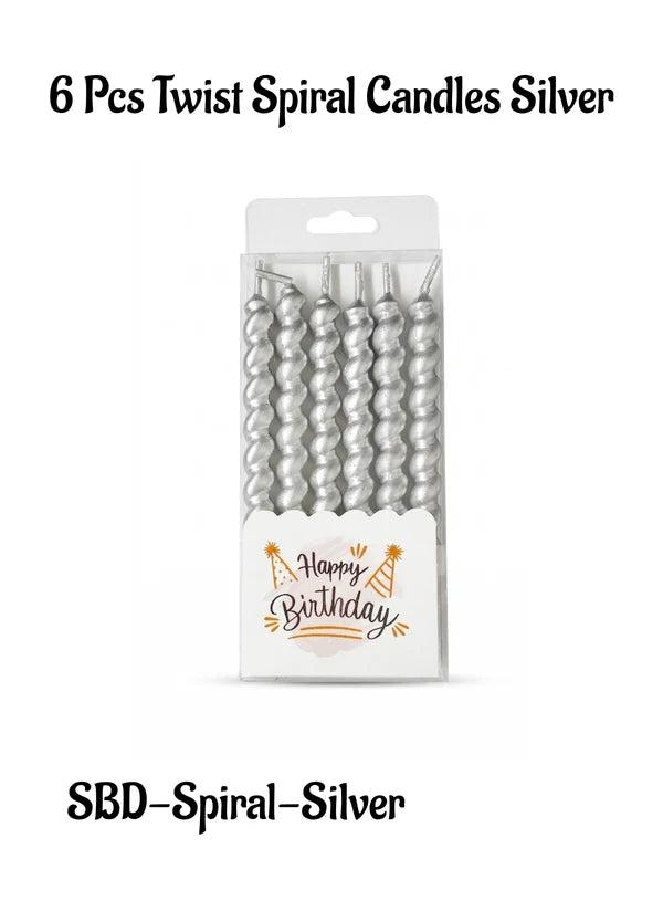 Twist Spiral Metallic Candles in Holder (Silver) 6 Pcs - For Party Decoration Cake and Cupcake (SBD-Spiral-Silver) (MOQ 12 SET)