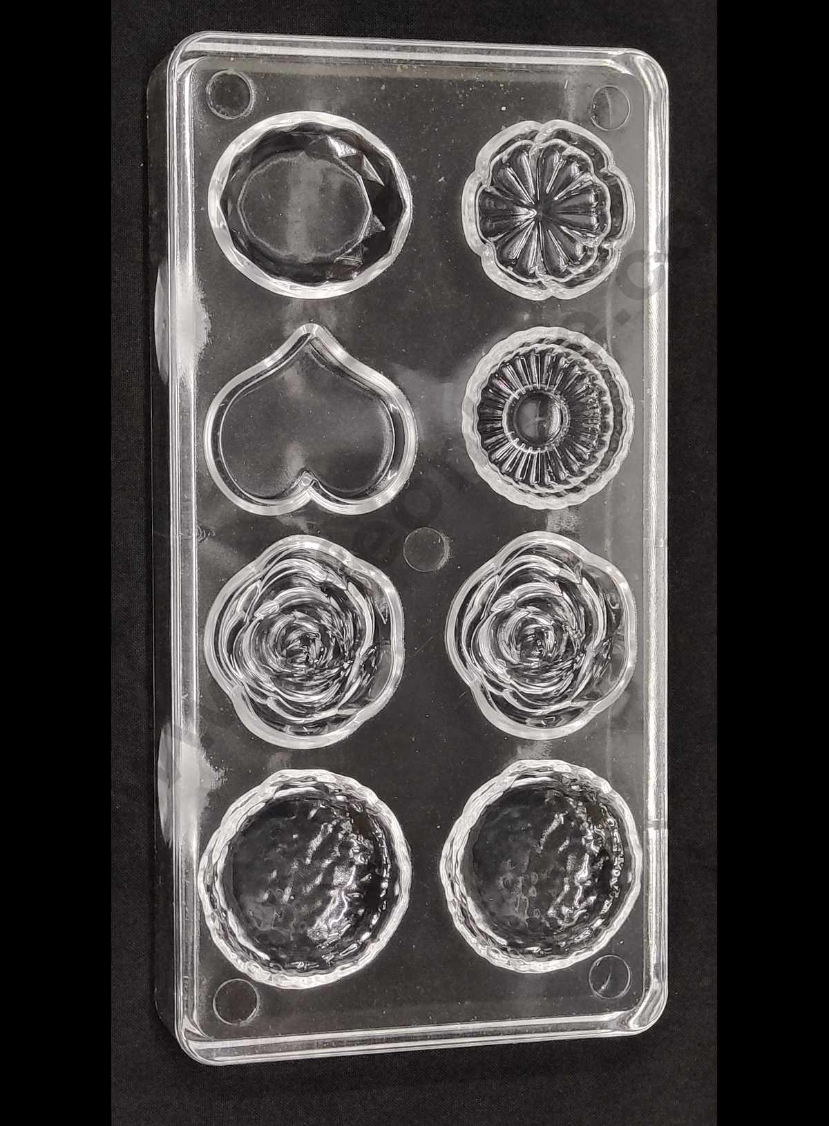 Cake Decor 8 Cavity Heart Round Rose Mix Shape Small Polycarbonate Chocolate Mould