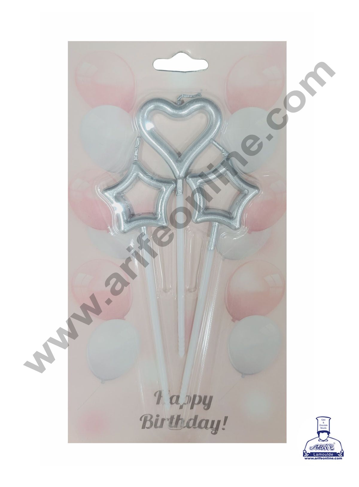 Cake Decor Hallow Star Heart Theme Candle for Party Decoration for Cake and Cupcake - Silver- Set of 3 Pc