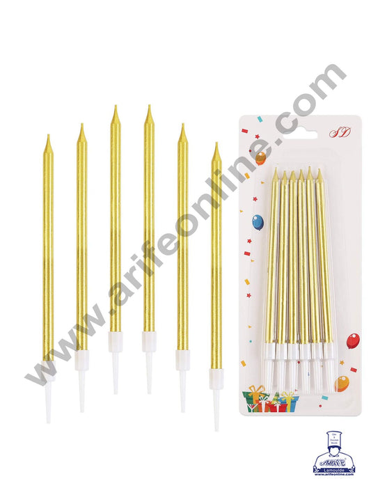 Cake Decor Metallic Long Thin Cake Candle in Holder for Party Decoration for Cake and Cupcake - Golden- Set of 6 Pc