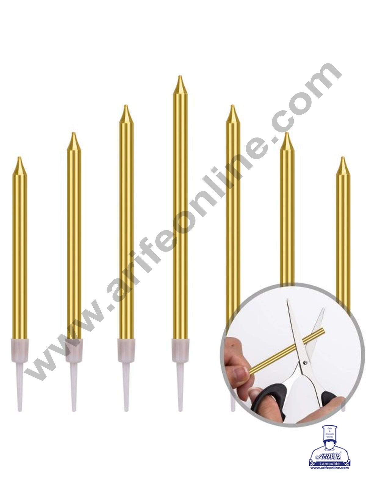 Cake Decor Metallic Long Thin Cake Candle in Holder for Party Decoration for Cake and Cupcake - Golden- Set of 6 Pc