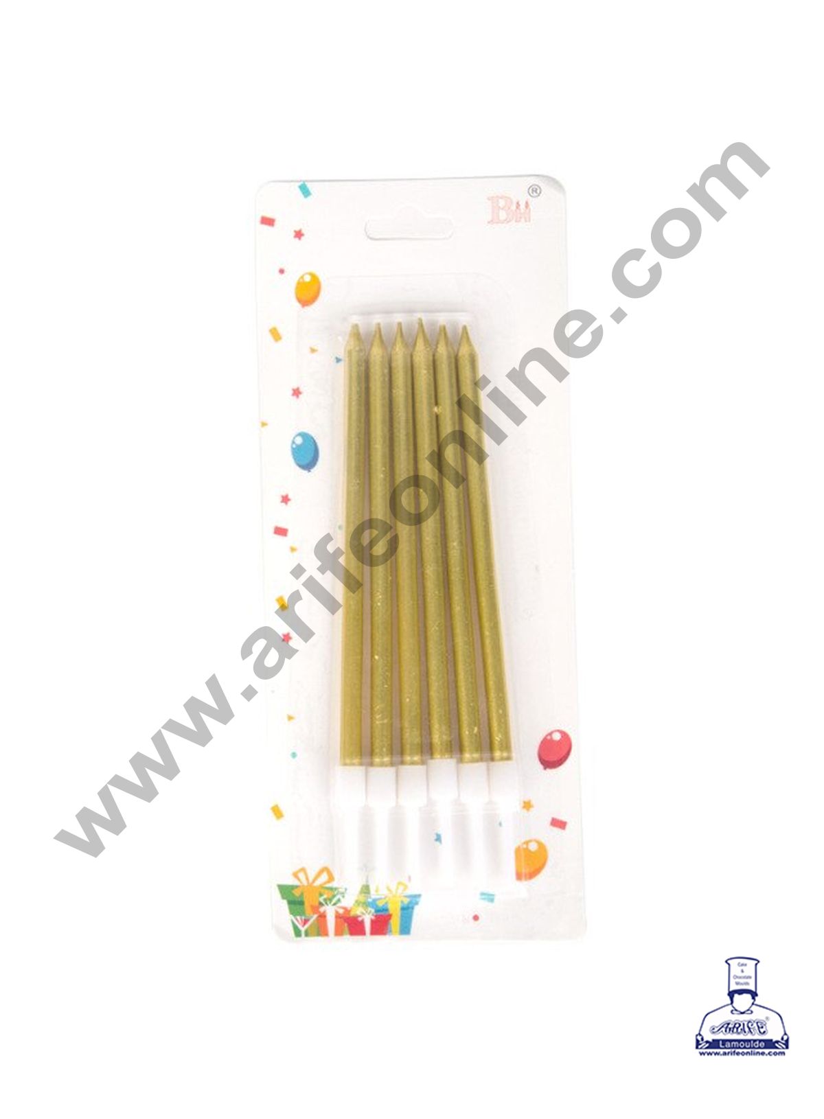 Cake Decor Metallic Long Thin Cake Candle in Holder for Party Decoration for Cake and Cupcake - Golden- Set of 6 Pc