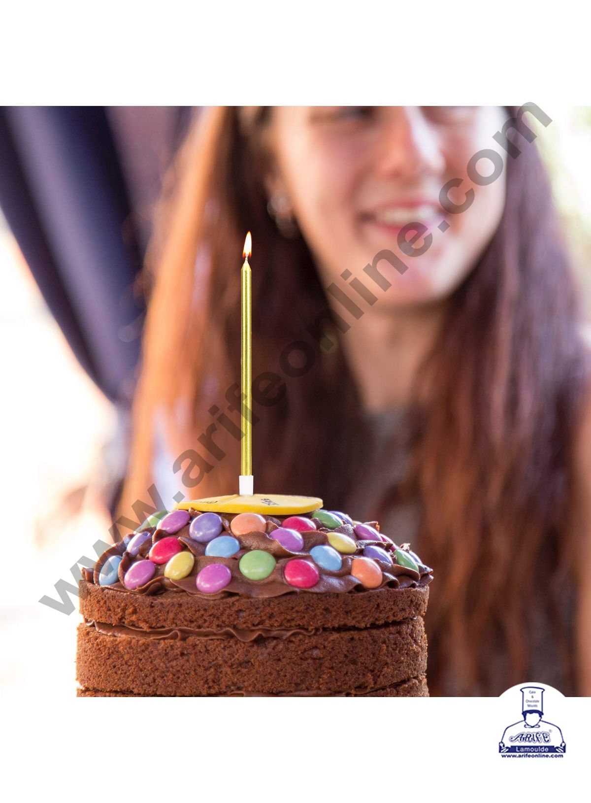 Cake Decor Metallic Long Thin Cake Candle in Holder for Party Decoration for Cake and Cupcake - Golden- Set of 6 Pc