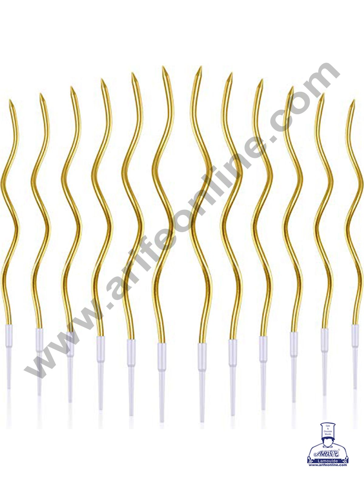 Cake Decor Metallic Long Twisty Candles with Stand for Party Decoration for Cake and Cupcake - Golden- Set of 6 Pc