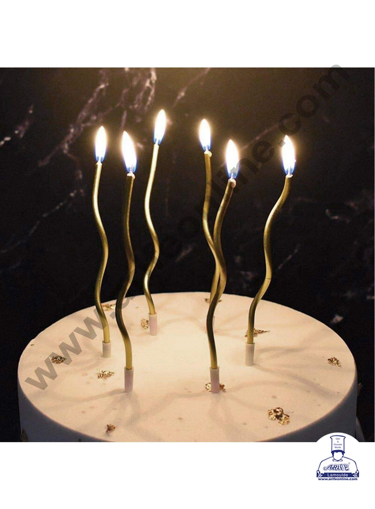 Cake Decor Metallic Long Twisty Candles with Stand for Party Decoration for Cake and Cupcake - Golden- Set of 6 Pc