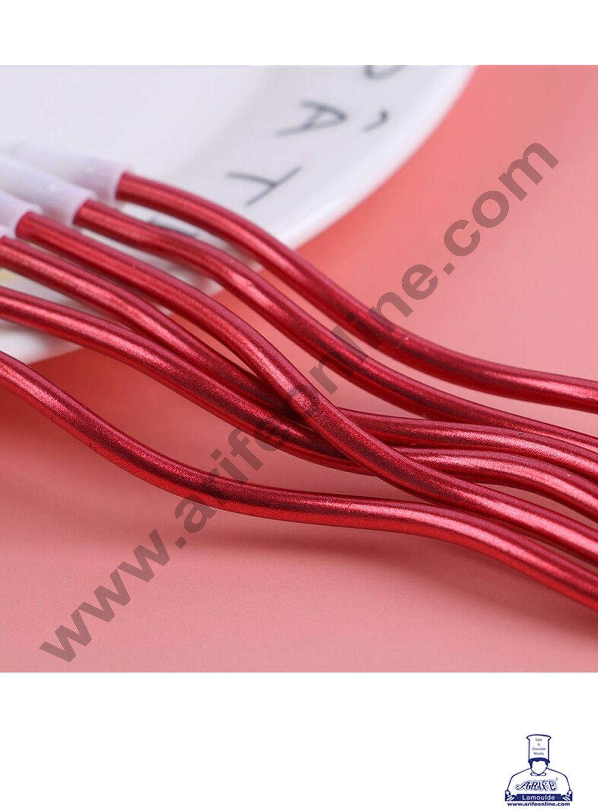 Cake Decor Metallic Long Twisty Candles with Stand for Party Decoration for Cake and Cupcake - Red ( Set of 6 Pc )