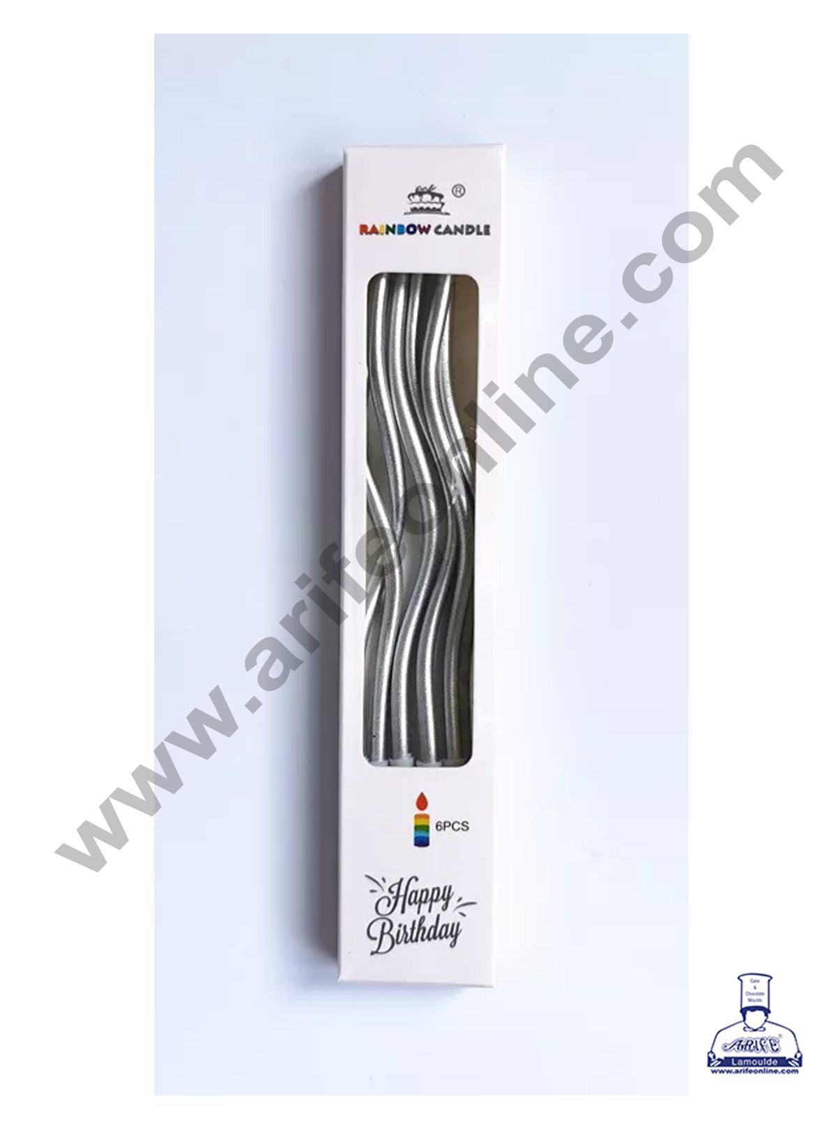 Cake Decor Metallic Long Twisty Candles with Stand for Party Decoration for Cake and Cupcake - Silver ( Set of 6 Pc )