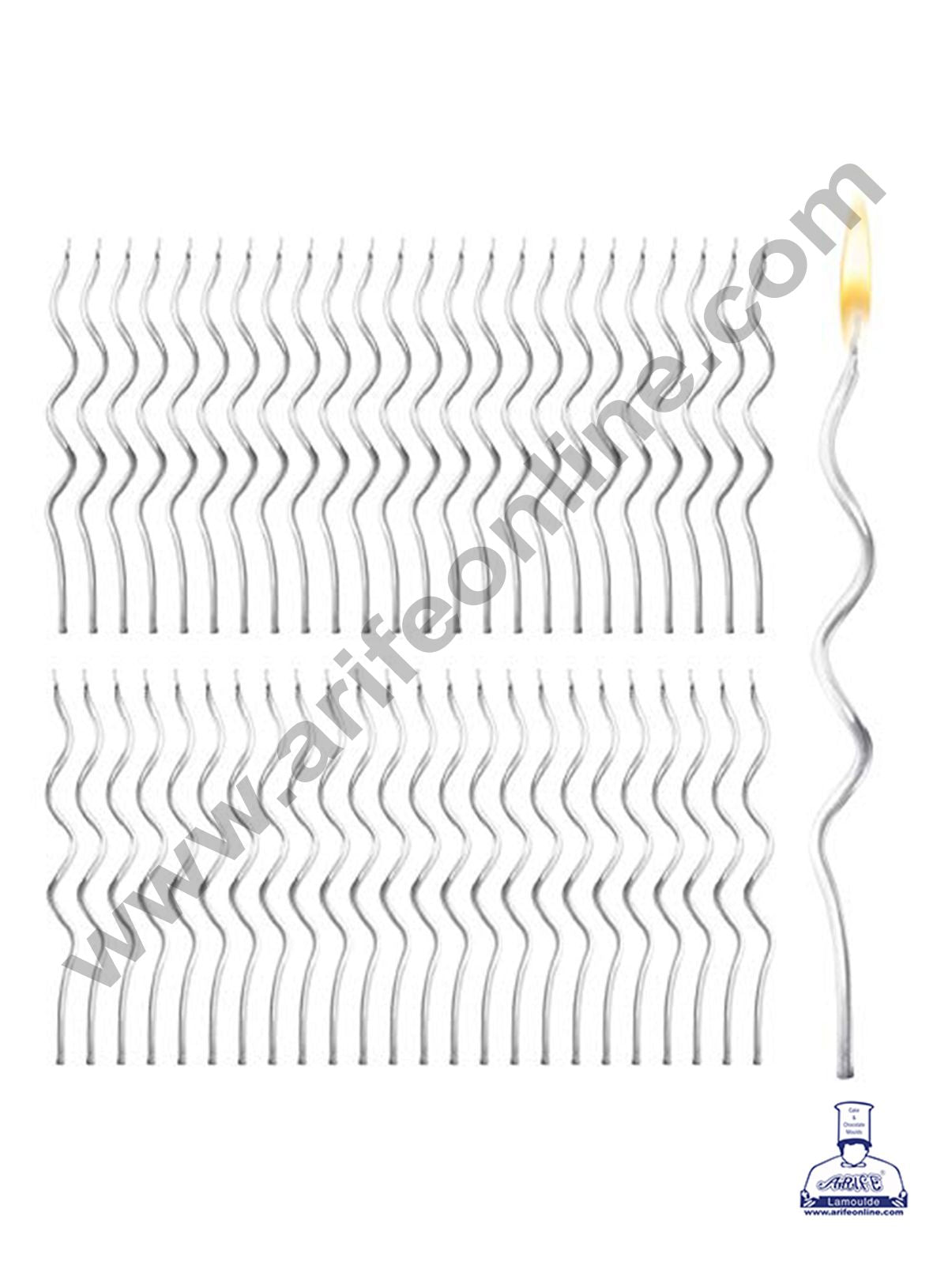 Cake Decor Metallic Long Twisty Candles with Stand for Party Decoration for Cake and Cupcake - Silver ( Set of 6 Pc )