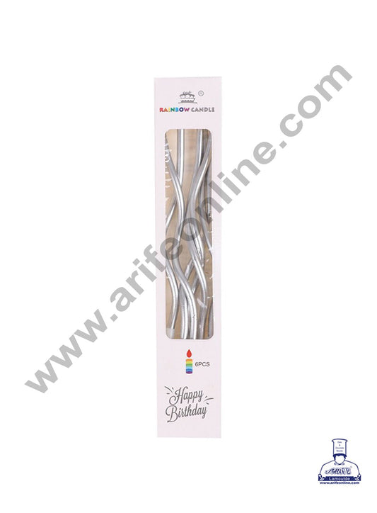 Cake Decor Metallic Long Twisty Candles with Stand for Party Decoration for Cake and Cupcake - Silver ( Set of 6 Pc )