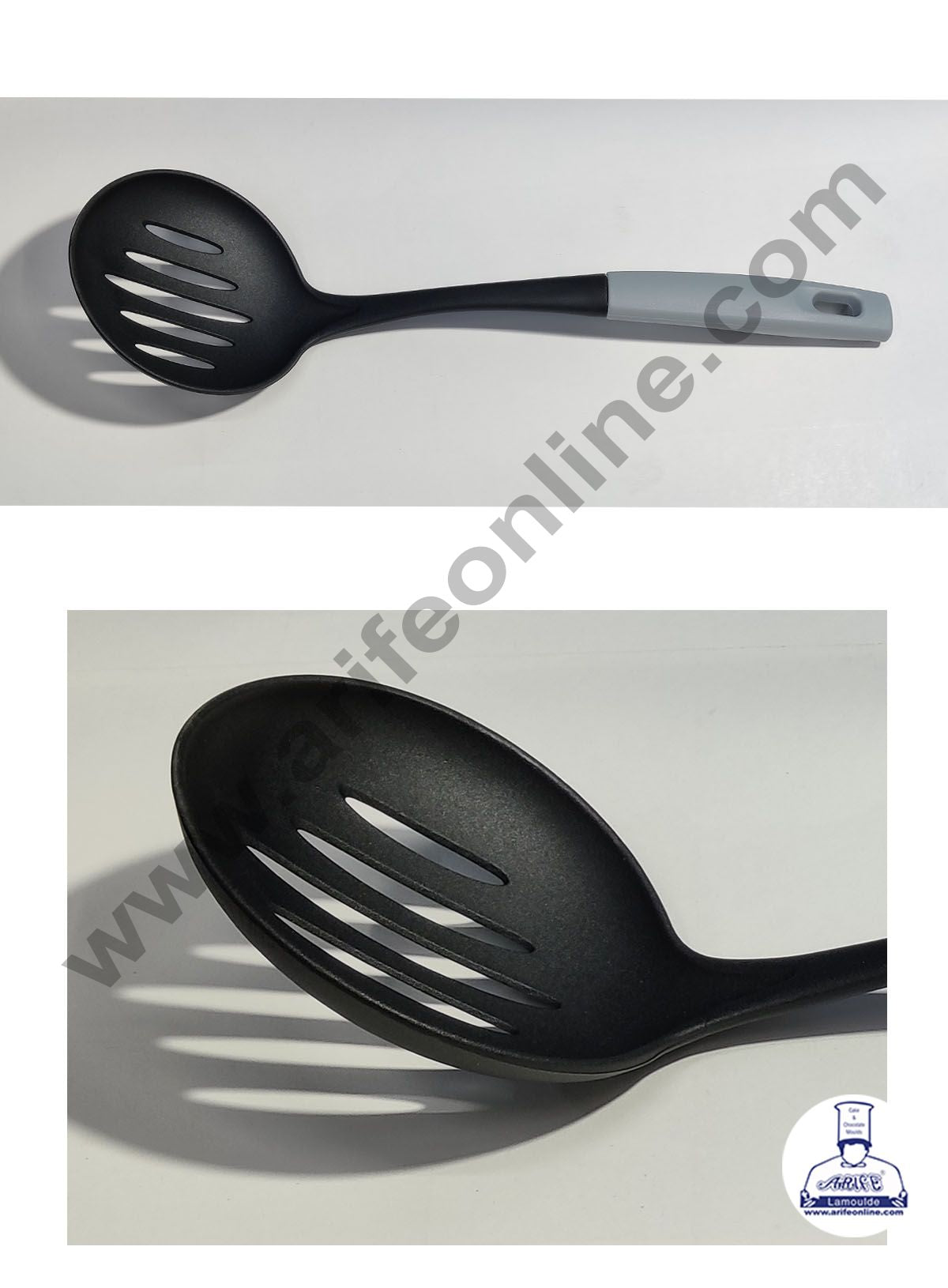 Cake Decor Nylon Slotted Food Spoon With Multi Colour Handle