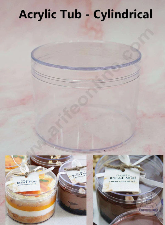 Transparent Acrylic Dessert Cylindrical Tub With Lid 2.5x 3.5 SB-Desserttub-Cylindrical-1 350ML  (MOQ 500 PCS)  (RF)