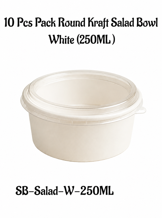 White Paper Round Salad Bowl With Lid (250ML) | 10.5 x 5 cm | Paper Food Container (SB-Salad-W-250ML) - (MOQ 100 PCS)