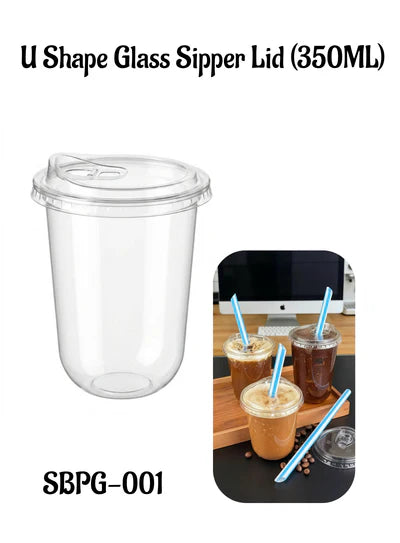 U Shape Clear Plastic Glass with Sipper Lid (350ML) Disposable Cups for Milkshakes & Coffee (SBPG-001) (MOQ 100 PCS)  (E.25)