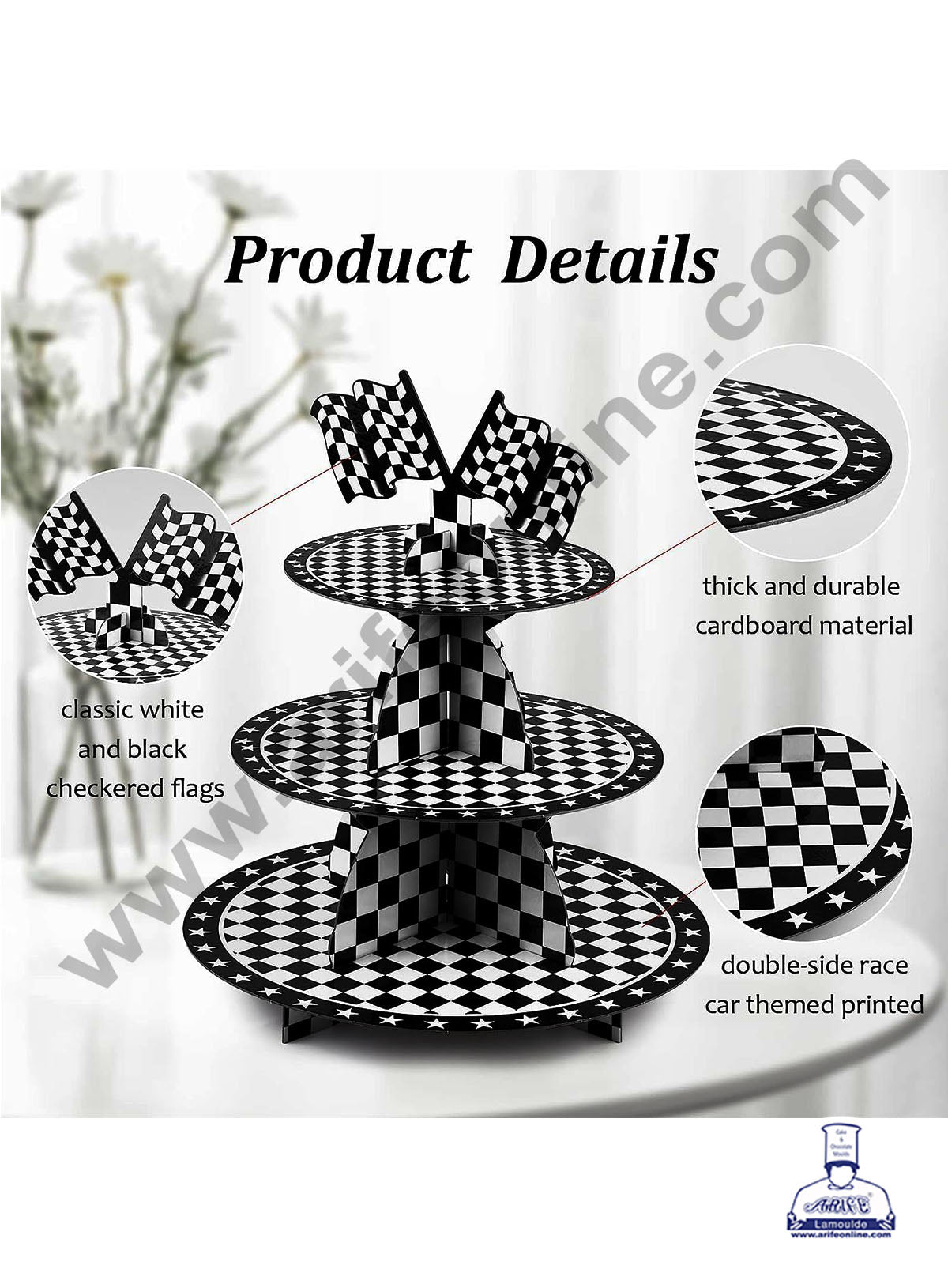3-Tier Racing Car Theme Cardboard Cupcake Stand | Black and White Checkered Cupcake Stand -Heavy (MOQ 12 PCS)