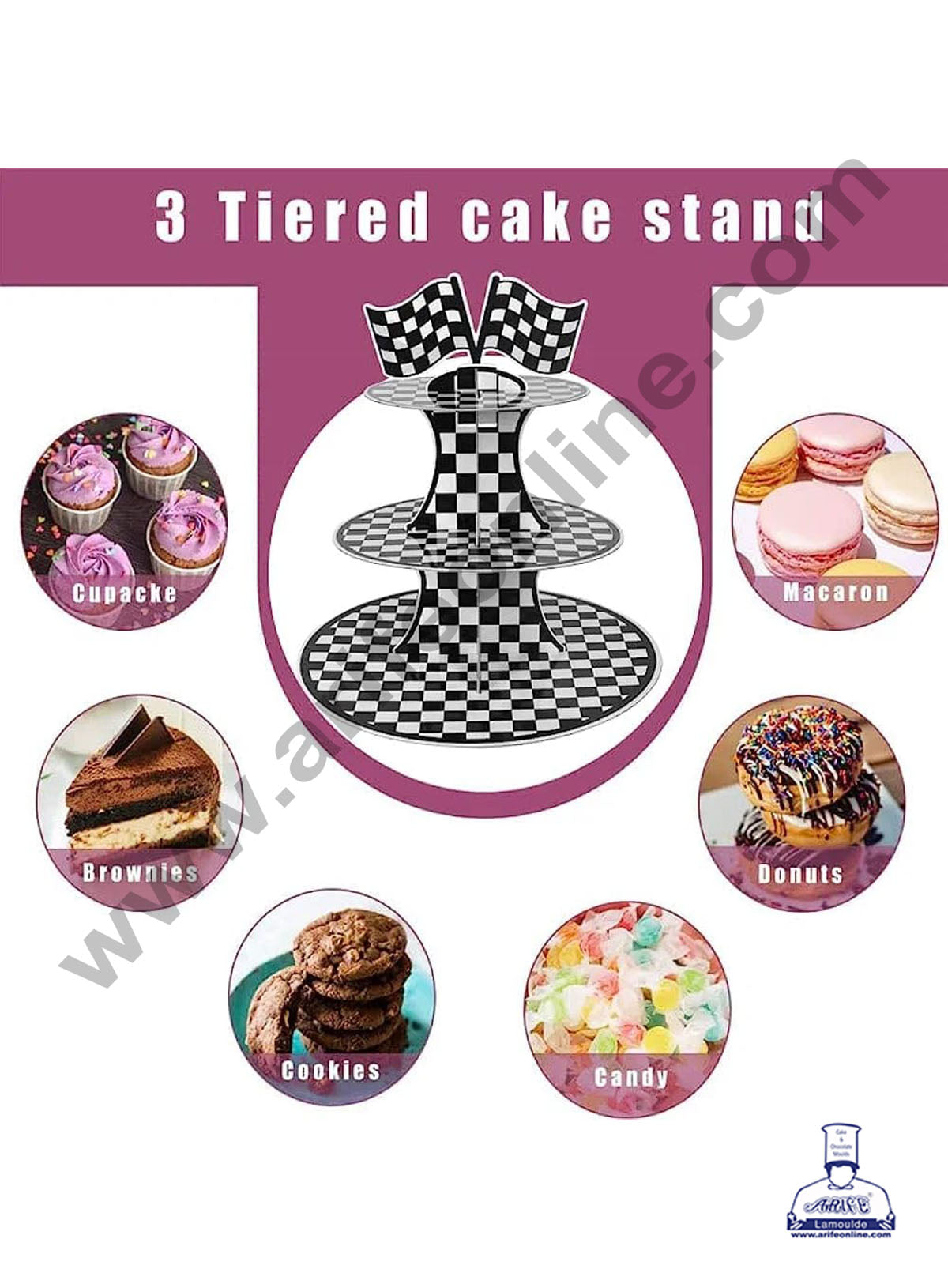 3-Tier Racing Car Theme Cardboard Cupcake Stand | Black and White Checkered Cupcake Stand -Heavy (MOQ 12 PCS)