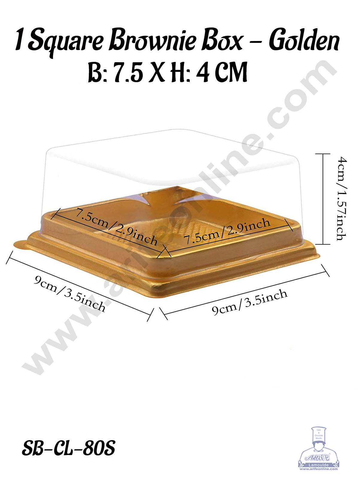 PVC Square Brownie Box With Golden Base Cake Box | Dessert Packaging - 7.5 cm (MOQ 100 PCS) (U)