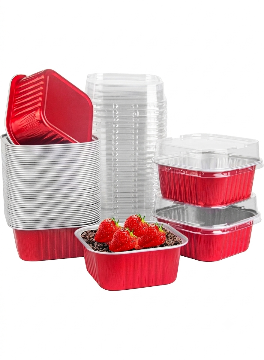 Square Atom Aluminium Cup Tin Foil With Lid Bake & Serve Cup| Aluminium Containers | Non-Stick Foil Baking Cups - Red - 2000 Pcs per cartoon (MOQ 1 CRTN)(O)