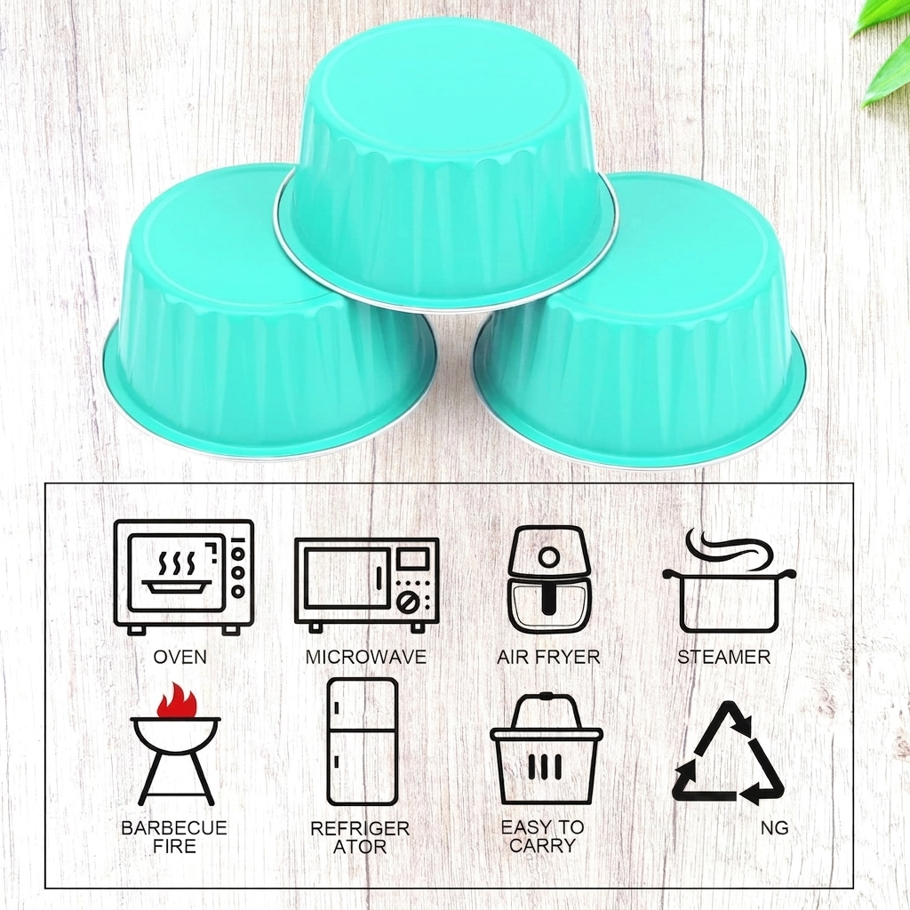 Tiffany Blue Round Frill Aluminium Tin Foil With Dome Lid Bake & Serve Cup| Aluminium Containers | Non-Stick Foil Baking Cups - (Moq 2000 Pcs"s Crtn) (M)