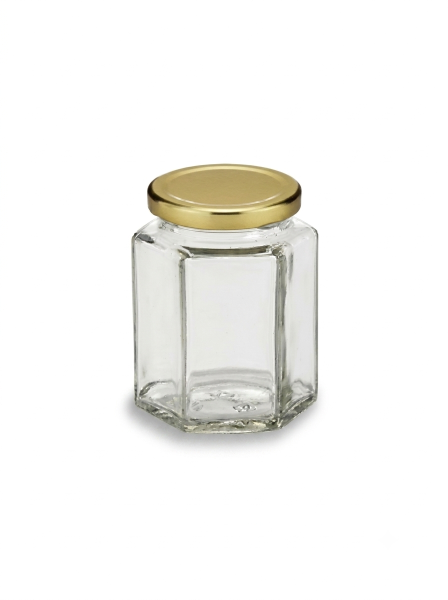 Set of 1 Clear Hexagon Glass Jars For Food Storage With Golden Lug Caps ( 190ml ) (48 PCS PER CRTN MOQ 1 CRTN) (AU.5)