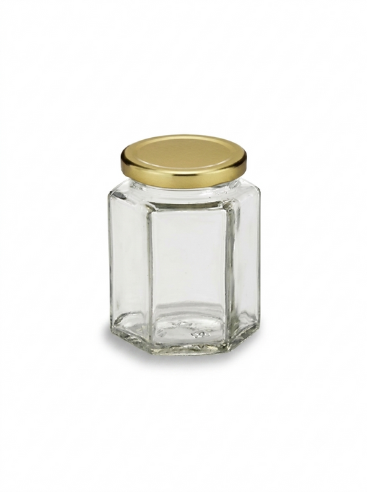 Set of 1 Clear Hexagon Glass Jars For Food Storage With Golden Lug Caps ( 190ml ) (48 PCS PER CRTN MOQ 1 CRTN) (AU.5)