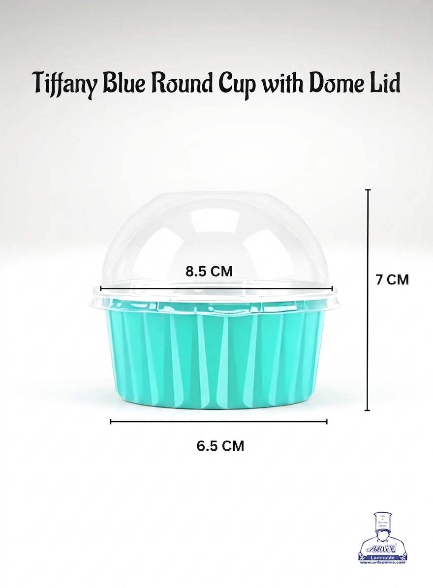 Tiffany Blue Round Frill Aluminium Tin Foil With Dome Lid Bake & Serve Cup| Aluminium Containers | Non-Stick Foil Baking Cups - (Moq 2000 Pcs"s Crtn) (M)