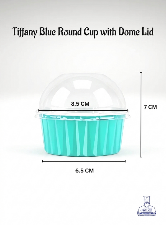 Tiffany Blue Round Frill Aluminium Tin Foil With Dome Lid Bake & Serve Cup| Aluminium Containers | Non-Stick Foil Baking Cups - (Moq 2000 Pcs"s Crtn) (M)