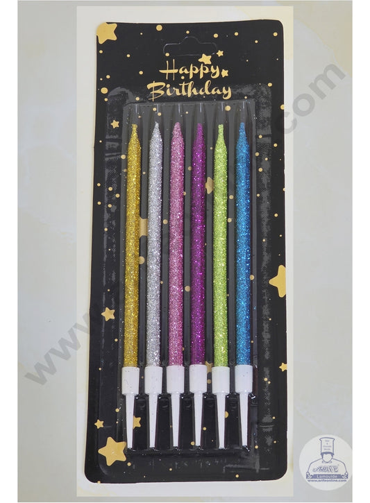 Multi Color Glitter Thin Long Candles with Stand for Cake & Cupcake Decoration (6 Pcs Set) (MOQ 20 SET)