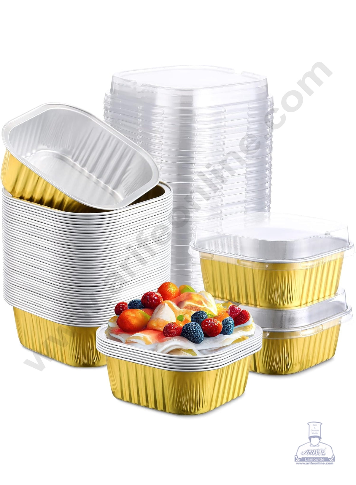 Square Atom Aluminium Cup Tin Foil With Lid Bake & Serve Cup| Aluminium Containers | Non-Stick Foil Baking Cups - Gold - 2000 Pcs per cartoon (MOQ 1 CRTN) (O)