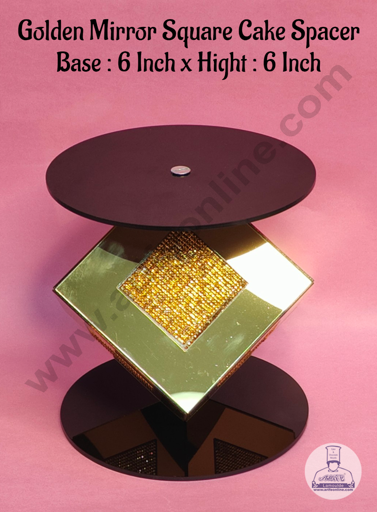Golden Mirror Square Cake Spacer with Diamond Design For Cake Decoration - Base 6 inch X Height 6 inch  (MOQ 12 PCS)
