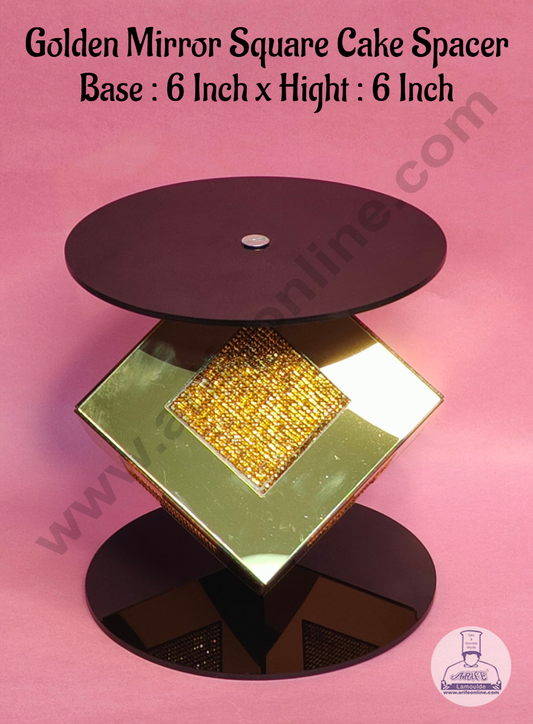 Golden Mirror Square Cake Spacer with Diamond Design For Cake Decoration - Base 6 inch X Height 6 inch  (MOQ 12 PCS)