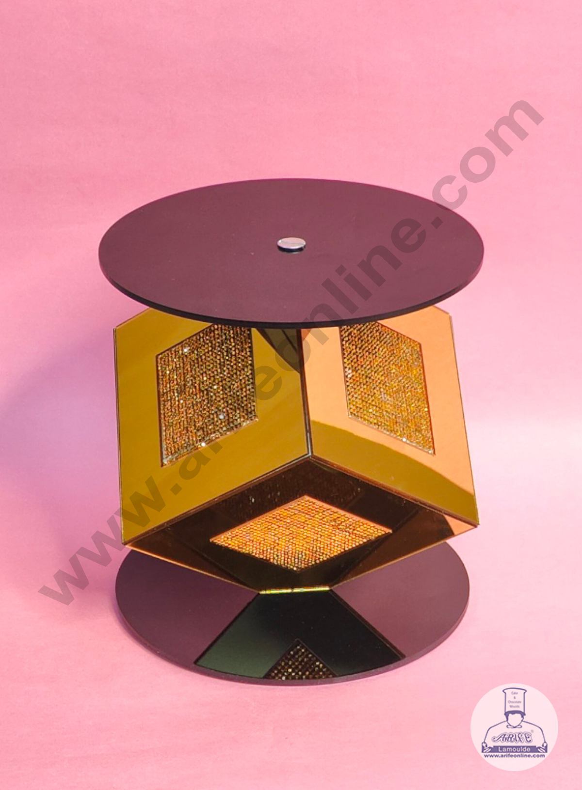 Golden Mirror Square Cake Spacer with Diamond Design For Cake Decoration - Base 6 inch X Height 6 inch  (MOQ 12 PCS)