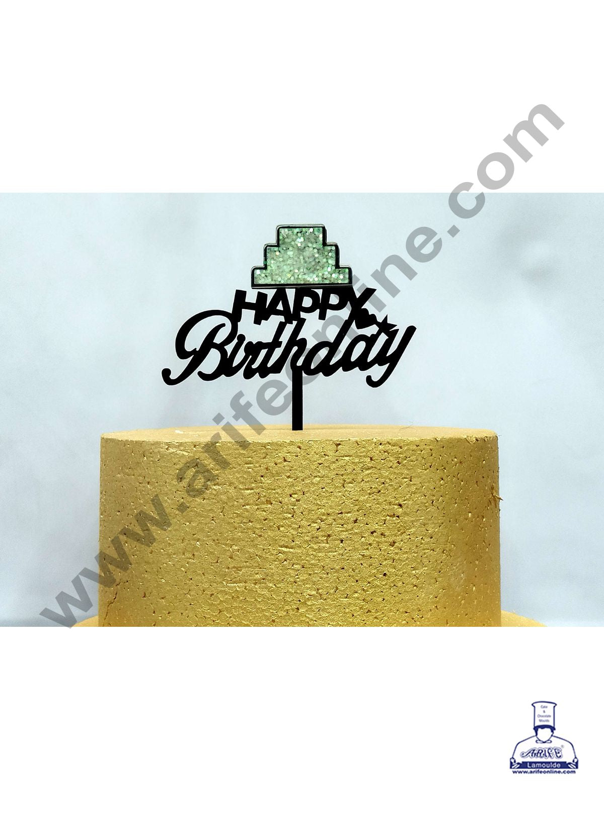 Cake Decor Exclusive Acrylic 3D Glitter Cake Topper - Black Happy Birthday With Tier Cake