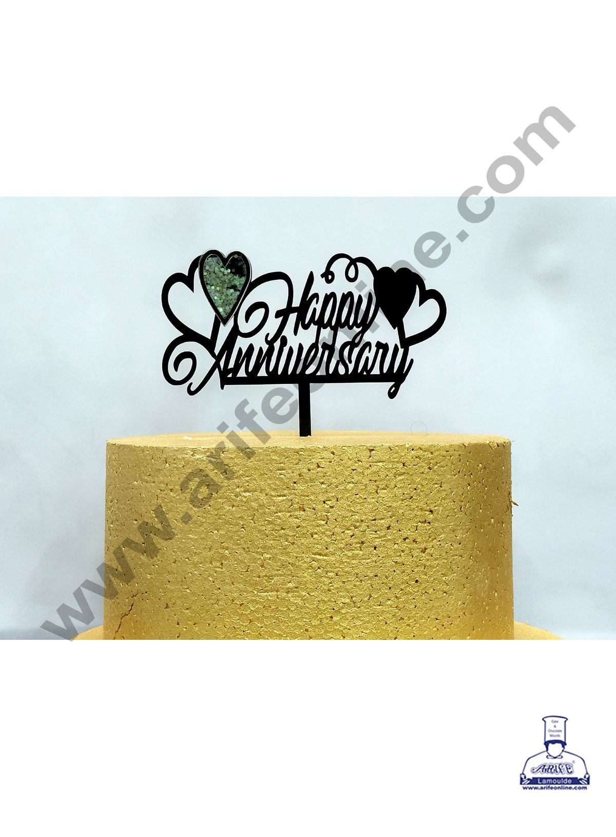 Cake Decor Exclusive Acrylic 3D Glitter Cake Topper - Black Happy Anniversary With Double Heart