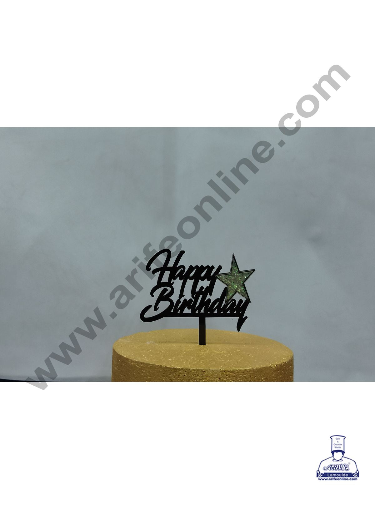 Cake Decor Exclusive Acrylic 3D Glitter Cake Topper - Black Happy Birthday With Big Star