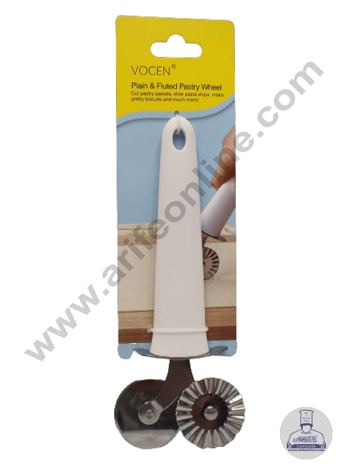 1 Pcs 2-in-1 Stainless Steel Pizza Cutter with Pastry  Crimper with White Handle ( 4 cm Wheel )    (MOQ 12 PCS)