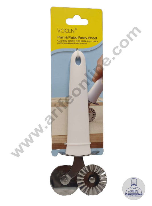 1 Pcs 2-in-1 Stainless Steel Pizza Cutter with Pastry  Crimper with White Handle ( 4 cm Wheel )    (MOQ 12 PCS)
