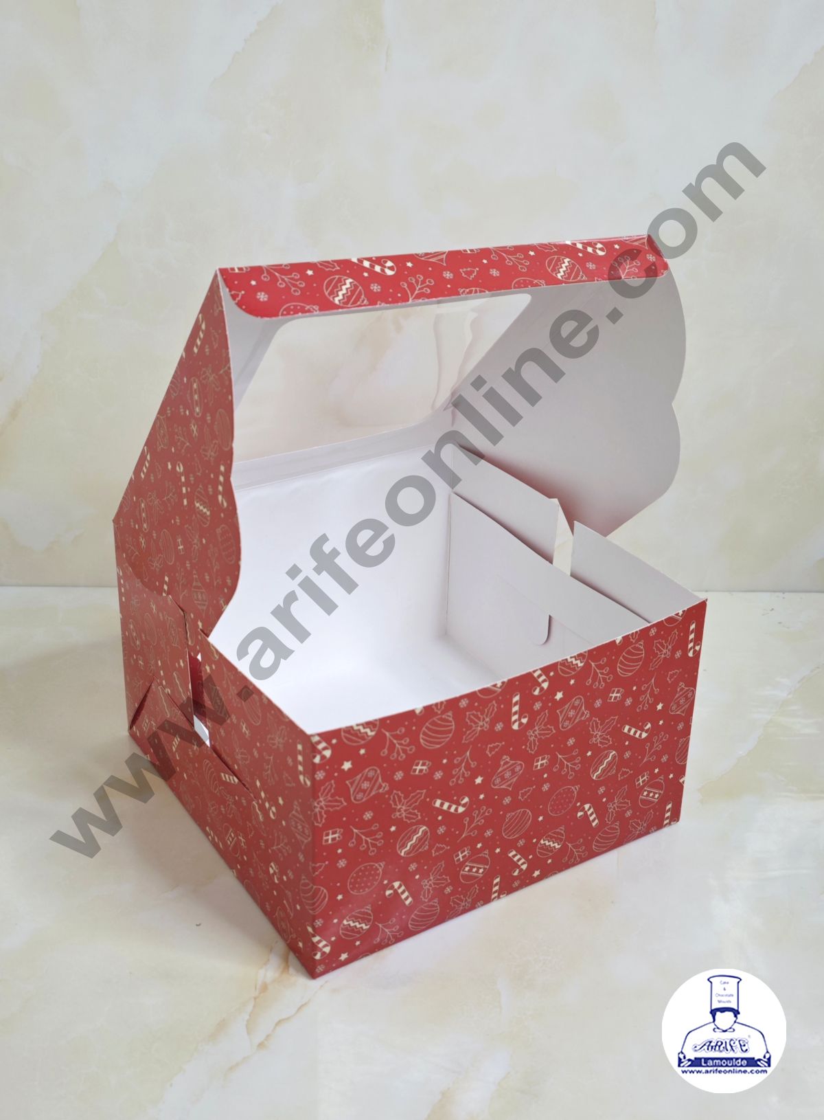 Red Christmas design 1/2 kg Cake Box (8 x 8 x 5 inch) | Small | Print -03 | 10 Pcs Pack (MOQ 12 PACK)