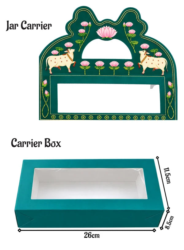 3 Jar Box Green Lotus Design Traditional Gift Hamper Box with Clear Window Without Jars (1Pc) | 26 x 8.5 x 11.5 cm | SBBX-TBL-2122 | (MOQ 100 PCS)