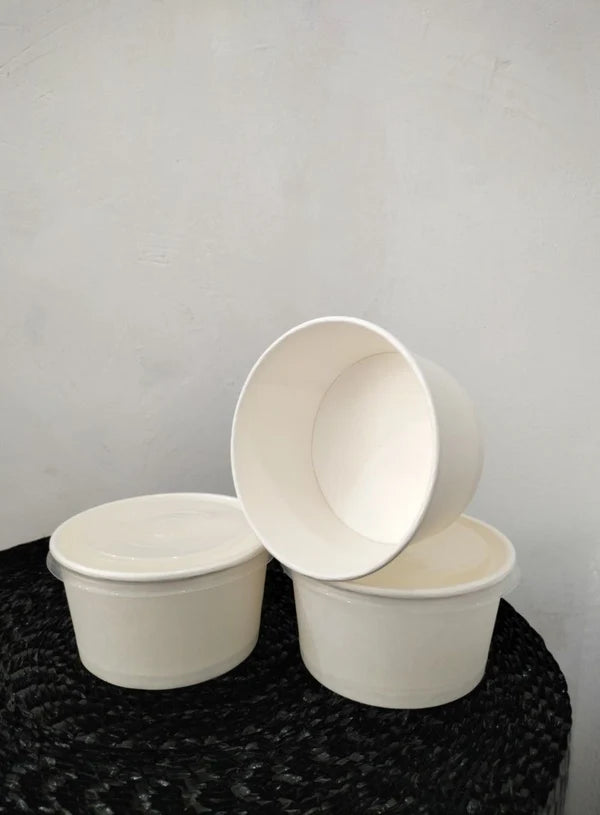 White Paper Round Salad Bowl With Lid (1000ML) | 14 x 7.5 cm | Paper Food Container (10 Pcs Pack) (SB-Salad-W-1000ML) - (MOQ 100 PCS)