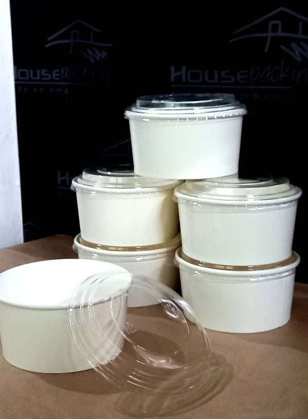 White Paper Round Salad Bowl With Lid (1000ML) | 14 x 7.5 cm | Paper Food Container (10 Pcs Pack) (SB-Salad-W-1000ML) - (MOQ 100 PCS)