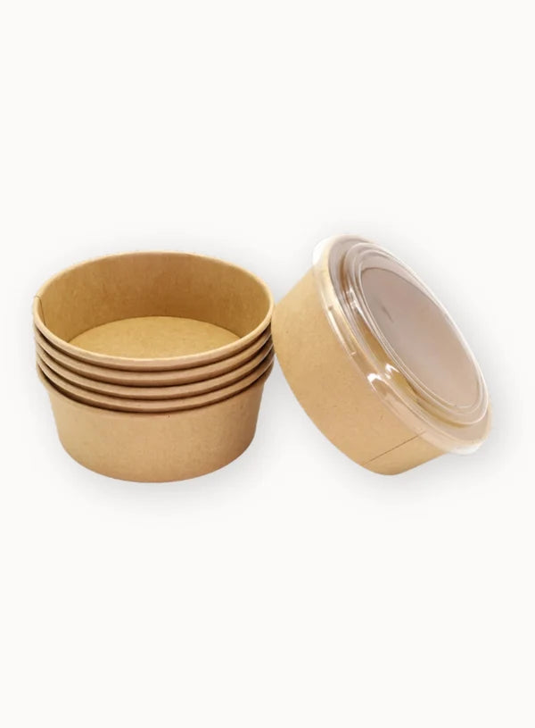 Kraft Paper Round Salad Bowl With Lid (250ML) | 10.5 x 5 cm | Paper Food Container (SB-Salad-250ML) - (MOQ 100 PCS)