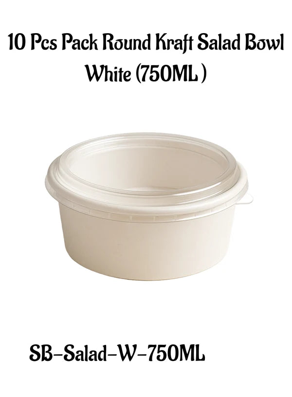 White Paper Round Salad Bowl With Lid (750ML) | 14.5 x 6.5 cm | Paper Food Container (10 Pcs Pack) (SB-Salad-W-750ML) - (MOQ 100 PCS)