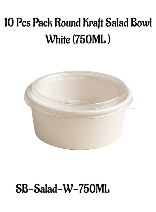 White Paper Round Salad Bowl With Lid (750ML) | 14.5 x 6.5 cm | Paper Food Container (10 Pcs Pack) (SB-Salad-W-750ML) - (MOQ 100 PCS)