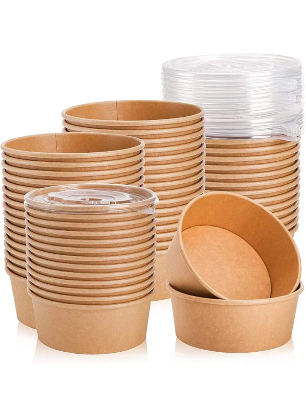 Kraft Paper Round Salad Bowl With Lid (250ML) | 10.5 x 5 cm | Paper Food Container (SB-Salad-250ML) - (MOQ 100 PCS)