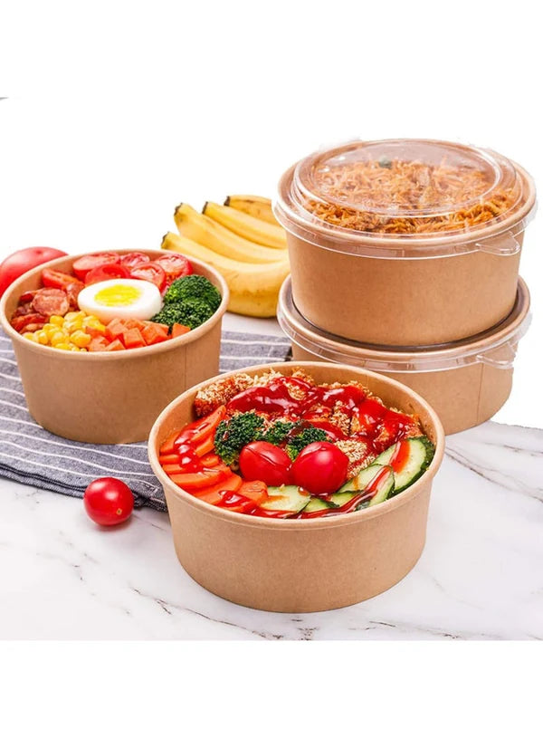 Kraft Paper Round Salad Bowl With Lid (250ML) | 10.5 x 5 cm | Paper Food Container (SB-Salad-250ML) - (MOQ 100 PCS)