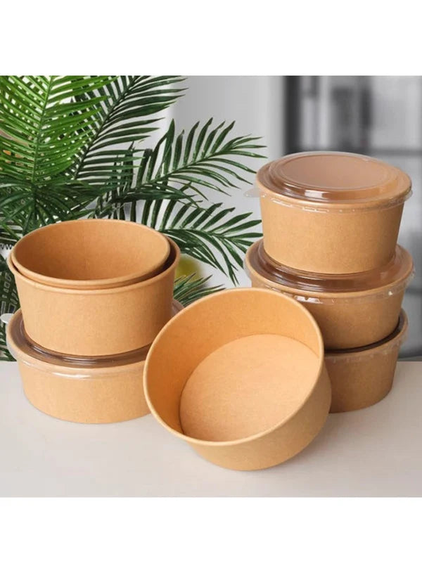 Kraft Paper Round Salad Bowl With Lid (250ML) | 10.5 x 5 cm | Paper Food Container (SB-Salad-250ML) - (MOQ 100 PCS)